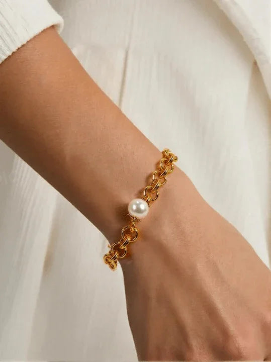 Golden Chunky Chain Pearl Bracelet (18K Gold Coated) - Wearluxe Jewelry