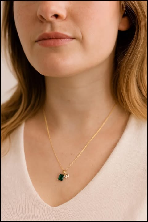 Personalized Emerald & Letter Charm Necklace 18K Gold Coated - Wearluxe Jewelry