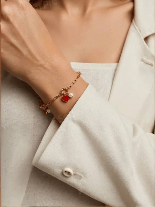 Red Heart & Pearl Charm Bracelet – 18k Gold Vermeil - Wearluxe Jewelry
